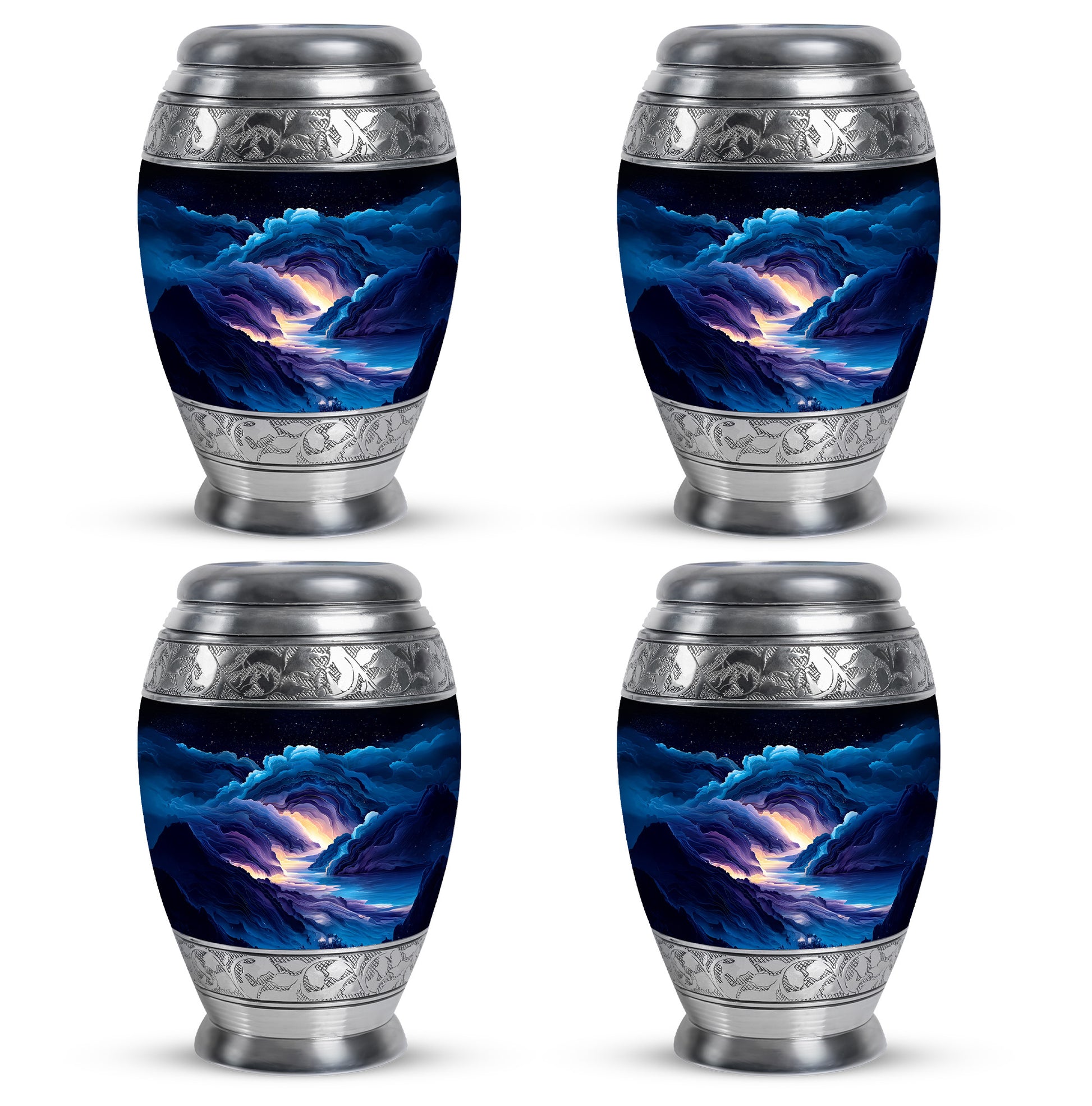 Calming Blue Blue Cremation Urn urn with complimentary velvet bag - majestic blue pattern with filigree border - 10 inch aluminum urn for cremated remains