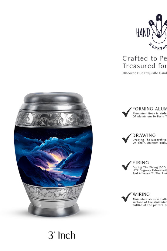 Serene Blue Blue Cremation Urn lifestyle display on memorial shelf - royal blue engraving with decorative scrollwork - mini keepsake memorial for portion of cremation ashes