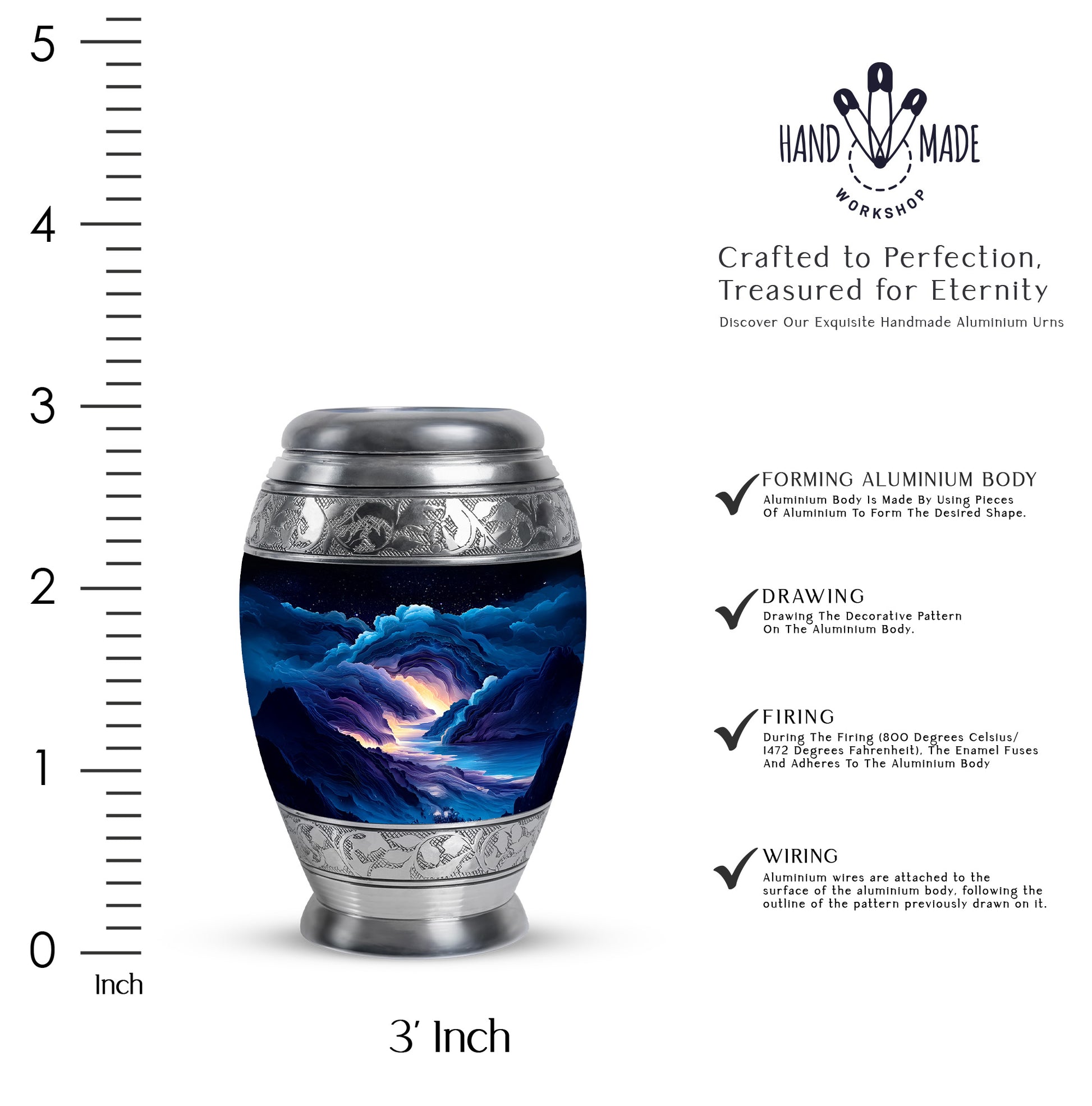 Serene Blue Blue Cremation Urn lifestyle display on memorial shelf - royal blue engraving with decorative scrollwork - mini keepsake memorial for portion of cremation ashes