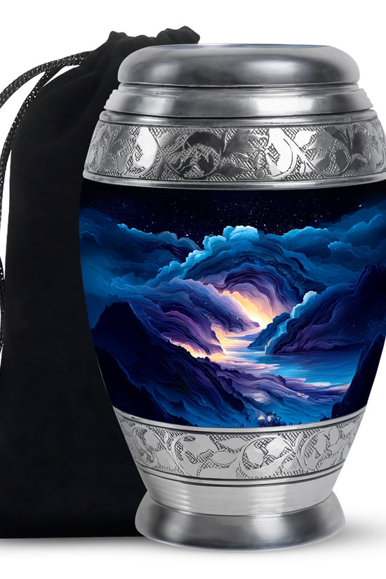 Sky Blue Blue Cremation Urn back view with polished surface - ornate monarch-style blue relief on brushed aluminum - full-size 10 inch 200 cubic inch adult cremation urn
