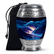 Sky Blue Blue Cremation Urn back view with polished surface - ornate monarch-style blue relief on brushed aluminum - full-size 10 inch 200 cubic inch adult cremation urn
