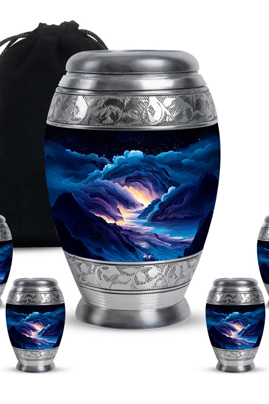 Azure Blue Cremation Urn detail view - ornate monarch-style blue relief on brushed aluminum - memorial set with one large and four small urns