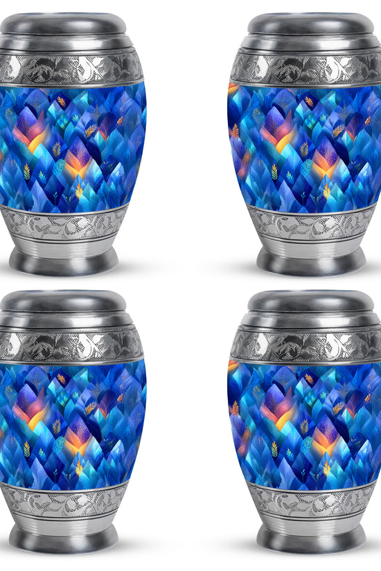 Soft Blue Blue Cremation Urn urn with complimentary velvet bag - majestic blue pattern with filigree border - 10 inch aluminum urn for cremated remains