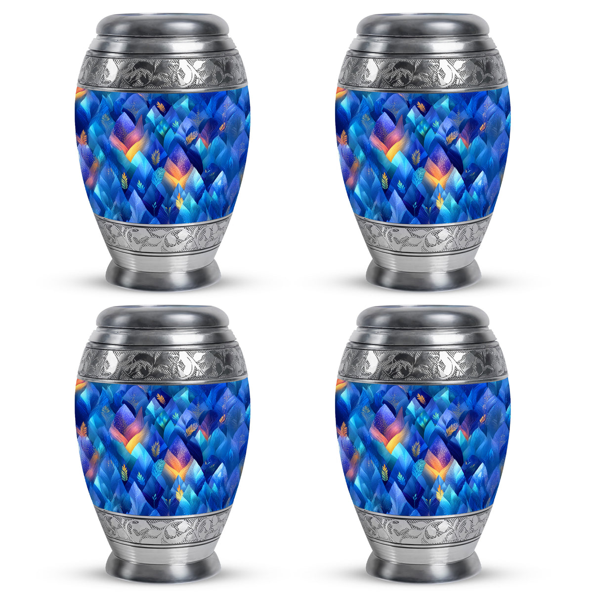 Soft Blue Blue Cremation Urn urn with complimentary velvet bag - majestic blue pattern with filigree border - 10 inch aluminum urn for cremated remains