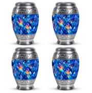 Soft Blue Blue Cremation Urn urn with complimentary velvet bag - majestic blue pattern with filigree border - 10 inch aluminum urn for cremated remains