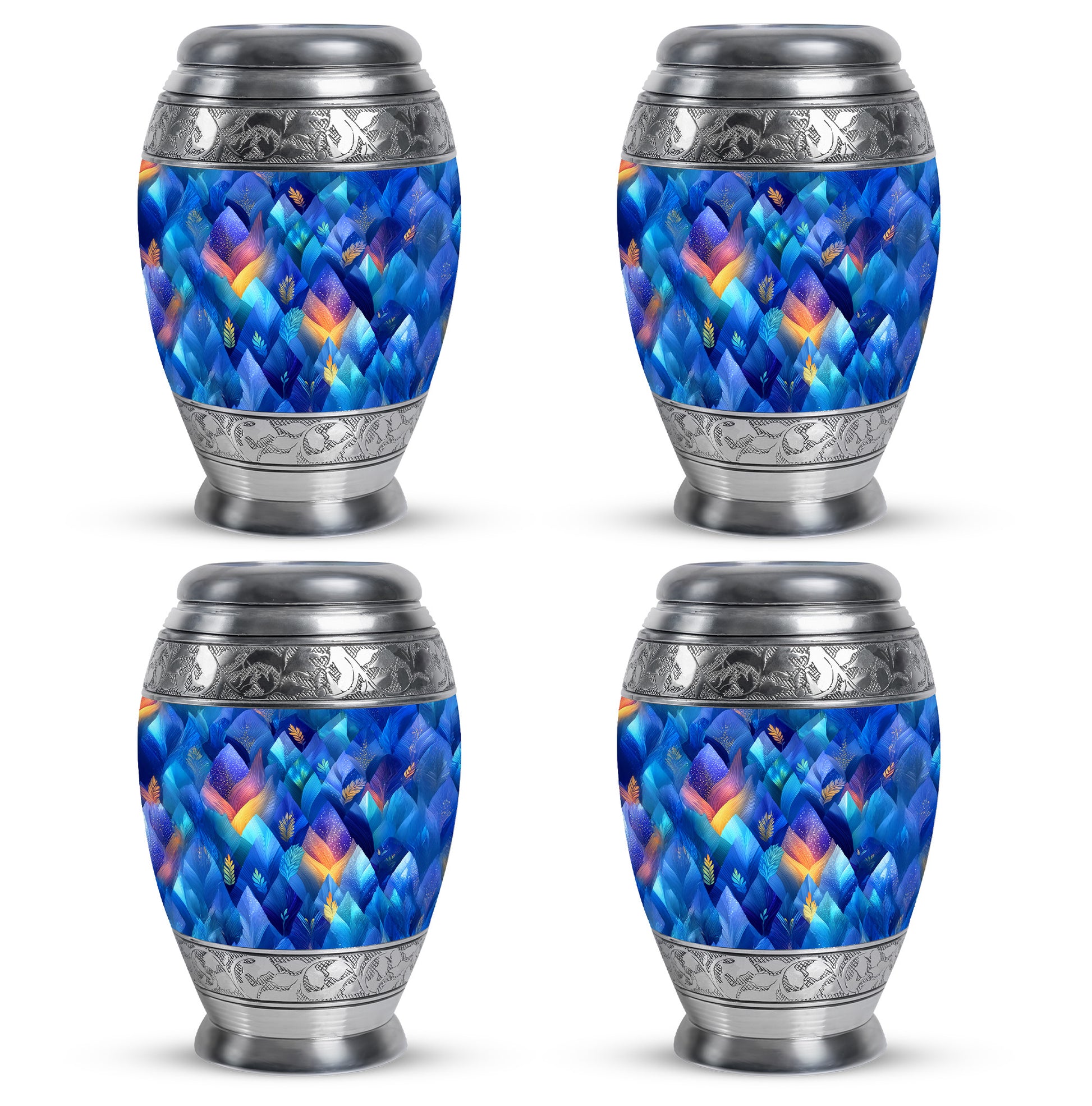 Soft Blue Blue Cremation Urn urn with complimentary velvet bag - majestic blue pattern with filigree border - 10 inch aluminum urn for cremated remains