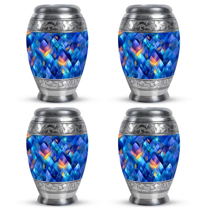 Soft Blue Blue Cremation Urn urn with complimentary velvet bag - majestic blue pattern with filigree border - 10 inch aluminum urn for cremated remains