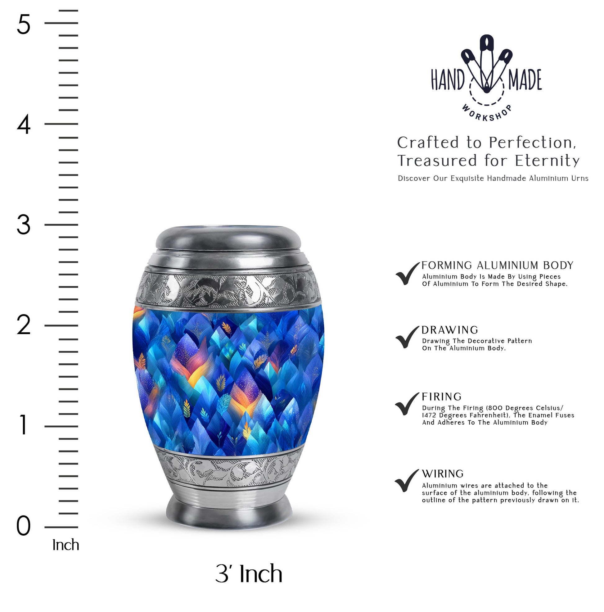 Azure Blue Cremation Urn lifestyle display on memorial shelf - ornate monarch-style blue relief on brushed aluminum - mini keepsake memorial for portion of cremation ashes