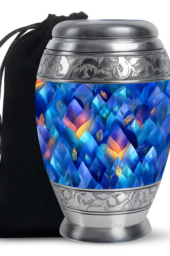 Soft Blue Blue Cremation Urn back view with polished surface - majestic blue pattern with filigree border - full-size 10 inch 200 cubic inch adult cremation urn