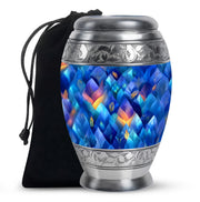 Soft Blue Blue Cremation Urn back view with polished surface - majestic blue pattern with filigree border - full-size 10 inch 200 cubic inch adult cremation urn