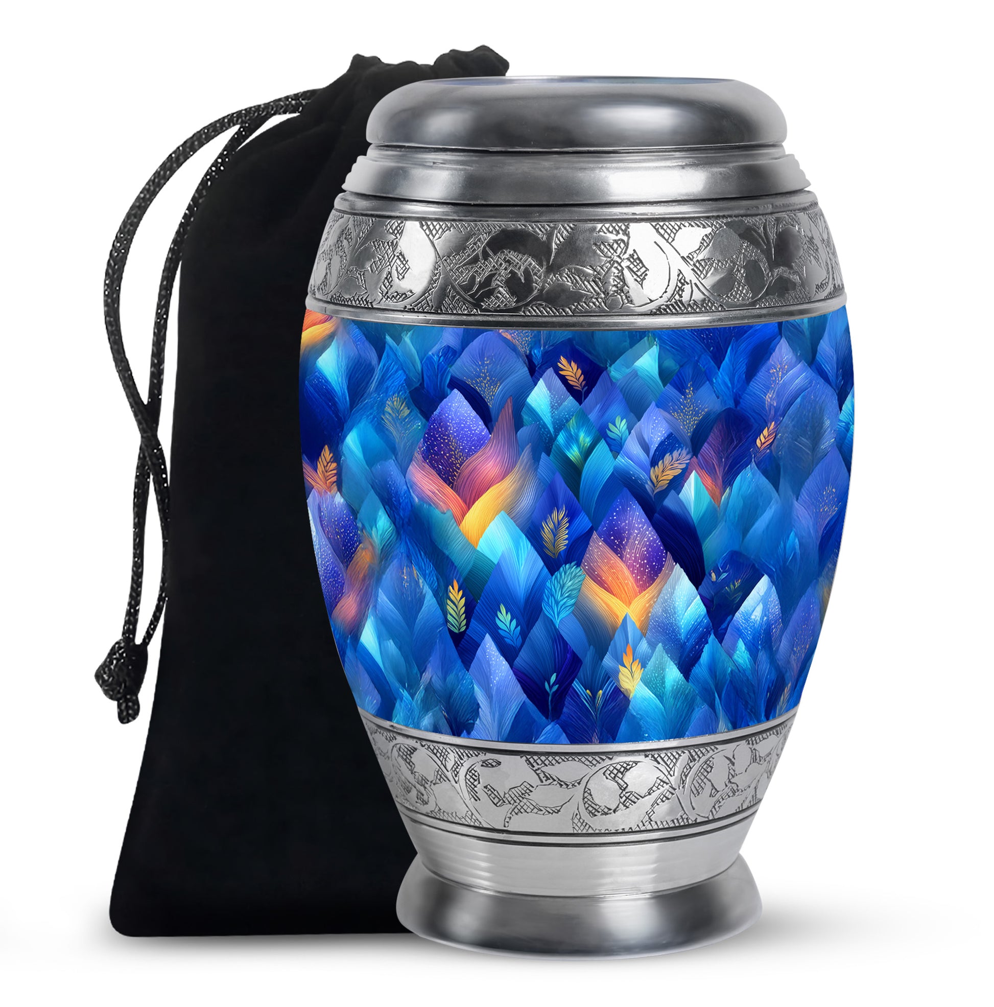 Soft Blue Blue Cremation Urn back view with polished surface - majestic blue pattern with filigree border - full-size 10 inch 200 cubic inch adult cremation urn