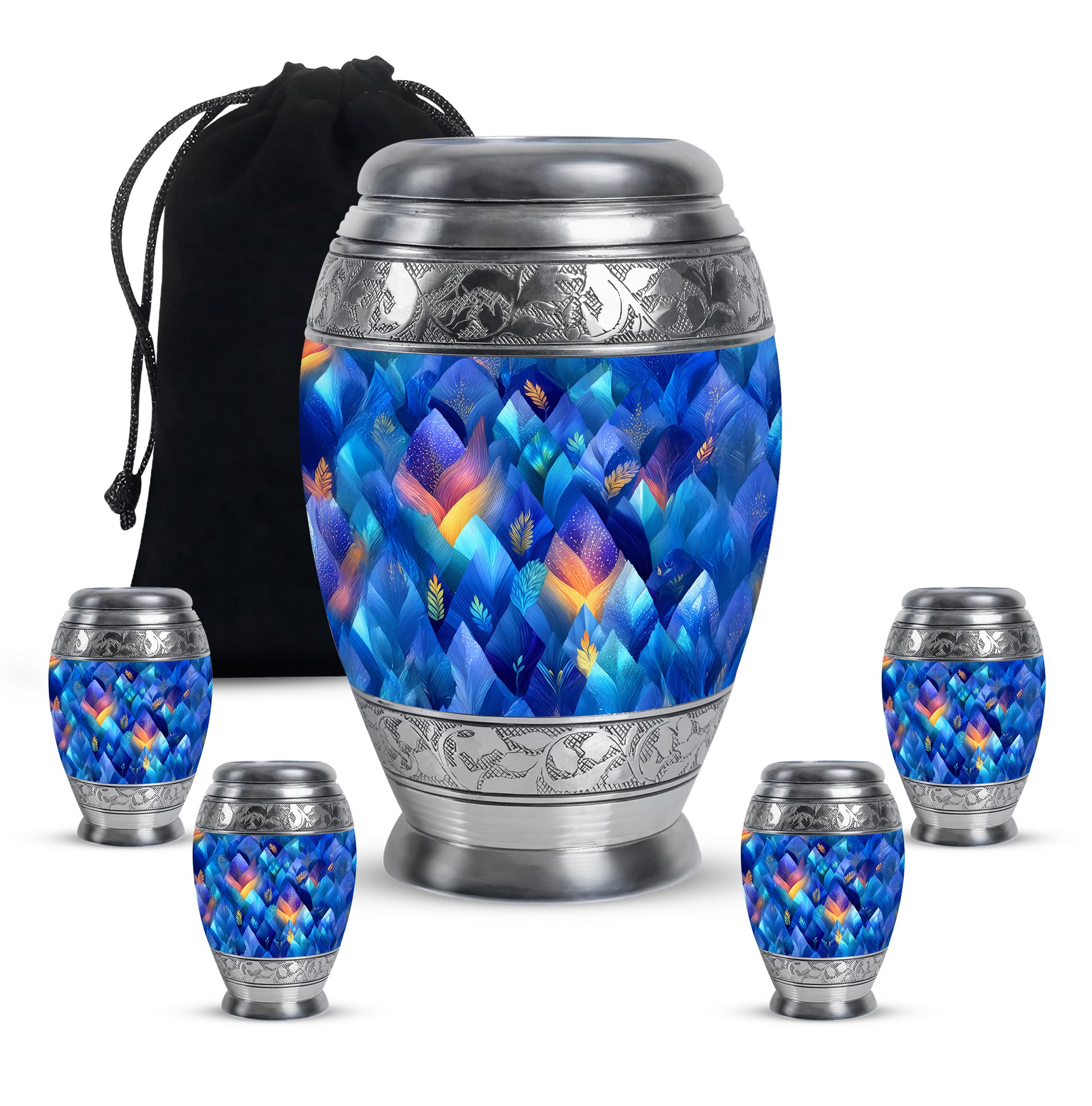 Pastel Blue Blue Cremation Urn detail view - ornate monarch-style blue relief on brushed aluminum - memorial set with one large and four small urns