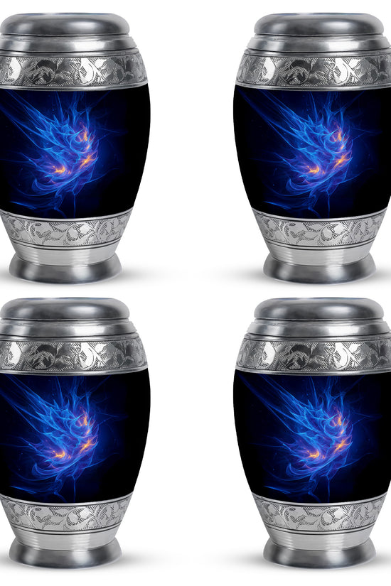Icy Blue Blue Cremation Urn urn with complimentary velvet bag - ornate monarch-style blue relief on brushed aluminum - 10 inch aluminum urn for cremated remains