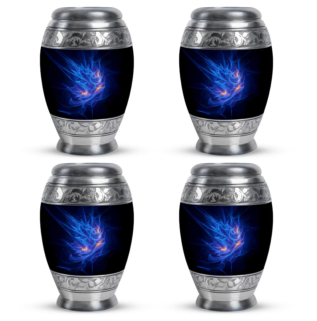 Icy Blue Blue Cremation Urn urn with complimentary velvet bag - ornate monarch-style blue relief on brushed aluminum - 10 inch aluminum urn for cremated remains
