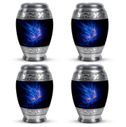 Icy Blue Blue Cremation Urn urn with complimentary velvet bag - ornate monarch-style blue relief on brushed aluminum - 10 inch aluminum urn for cremated remains