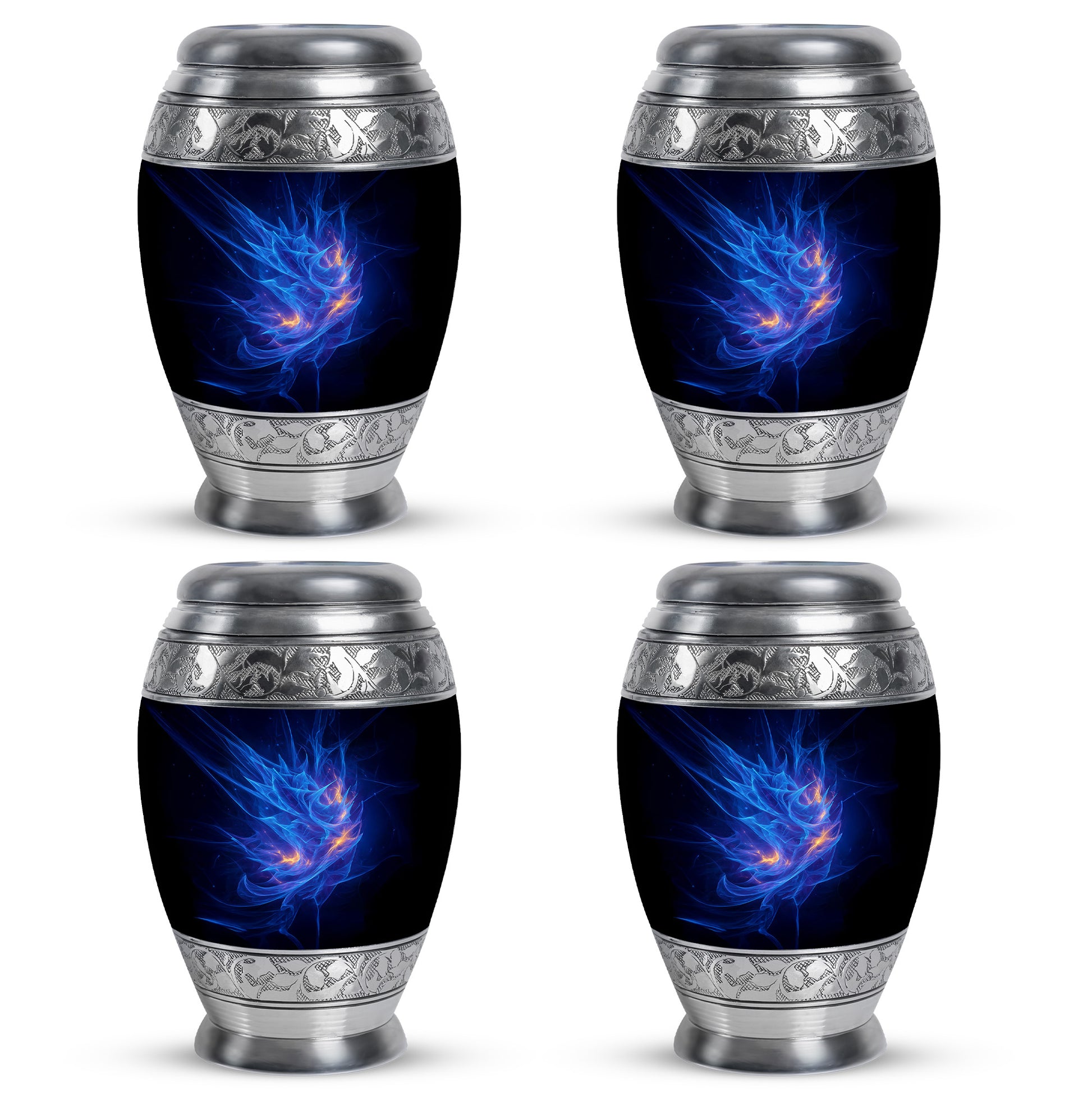 Icy Blue Blue Cremation Urn urn with complimentary velvet bag - ornate monarch-style blue relief on brushed aluminum - 10 inch aluminum urn for cremated remains