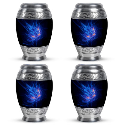 Icy Blue Blue Cremation Urn urn with complimentary velvet bag - ornate monarch-style blue relief on brushed aluminum - 10 inch aluminum urn for cremated remains