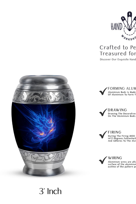 Cornflower Blue Blue Cremation Urn lifestyle display on memorial shelf - majestic blue pattern with filigree border - mini keepsake memorial for portion of cremation ashes