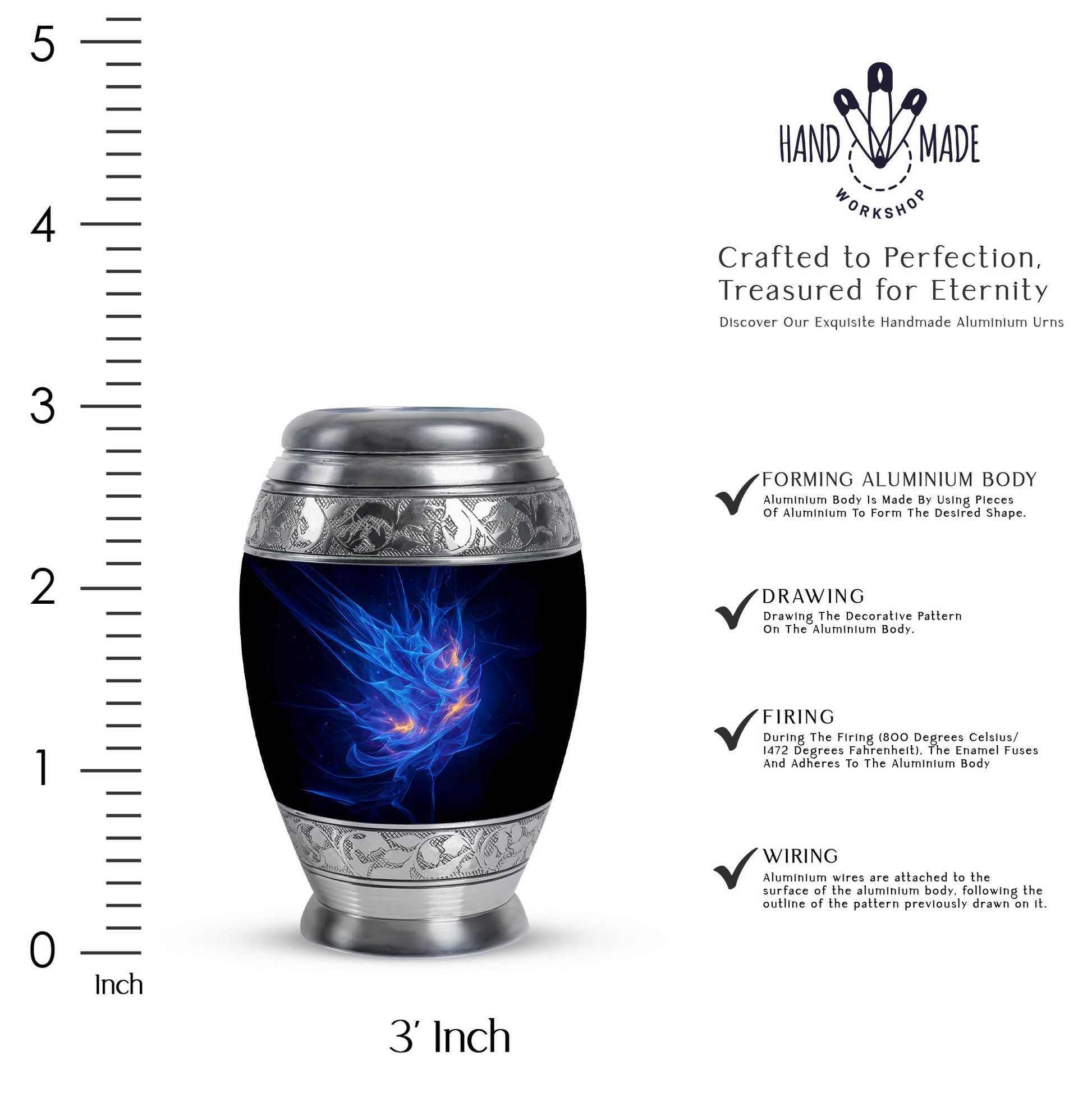 Cornflower Blue Blue Cremation Urn lifestyle display on memorial shelf - majestic blue pattern with filigree border - mini keepsake memorial for portion of cremation ashes