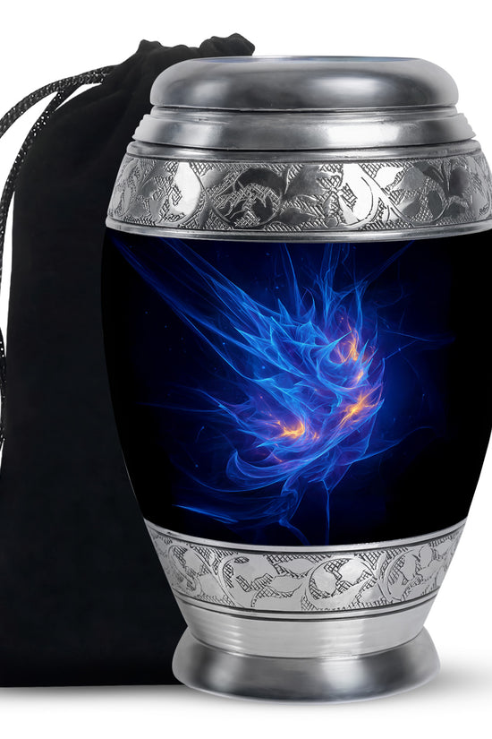 Navy Blue Blue Cremation Urn back view with polished surface - regal blue design with crown-inspired accents - full-size 10 inch 200 cubic inch adult cremation urn
