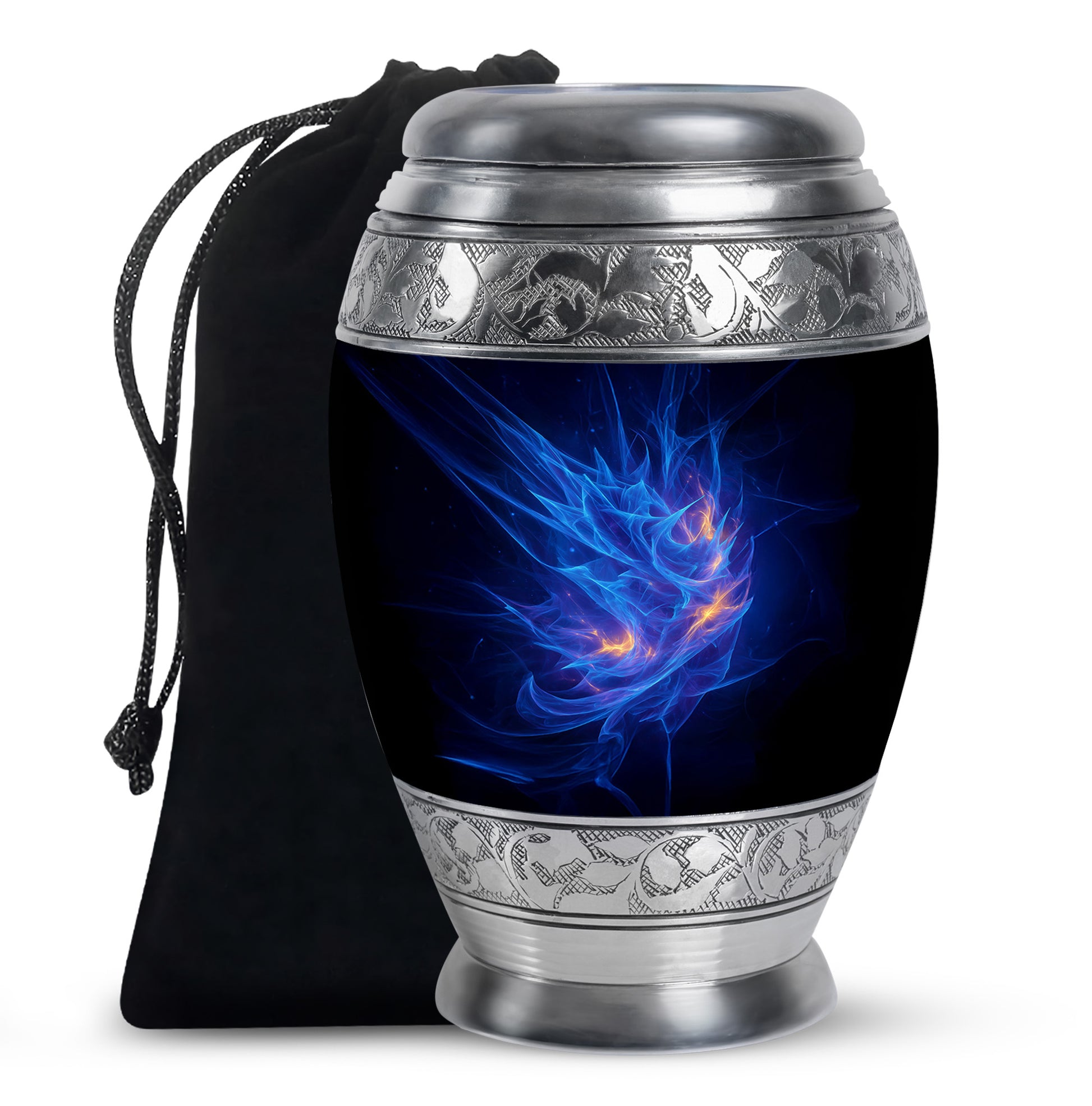 Navy Blue Blue Cremation Urn back view with polished surface - regal blue design with crown-inspired accents - full-size 10 inch 200 cubic inch adult cremation urn