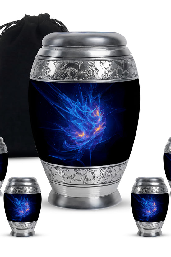 Sky Blue Blue Cremation Urn detail view - regal blue design with crown-inspired accents - memorial set with one large and four small urns