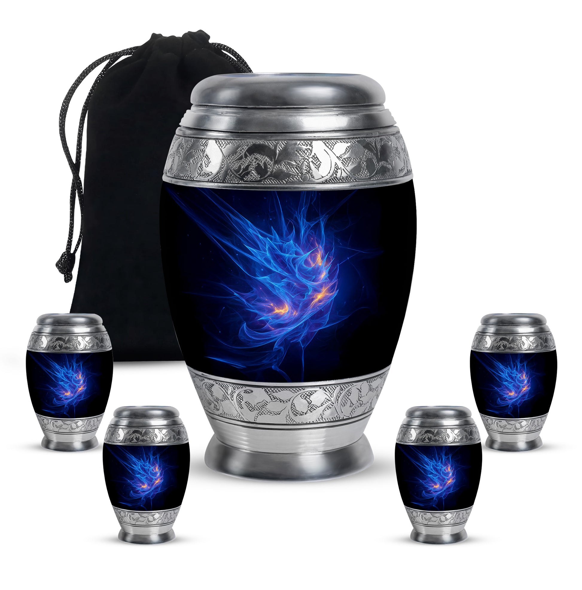 Sky Blue Blue Cremation Urn detail view - regal blue design with crown-inspired accents - memorial set with one large and four small urns