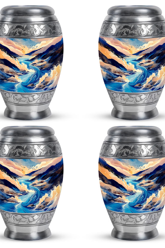 Soft Blue Blue Cremation Urn urn with complimentary velvet bag - majestic blue pattern with filigree border - 10 inch aluminum urn for cremated remains