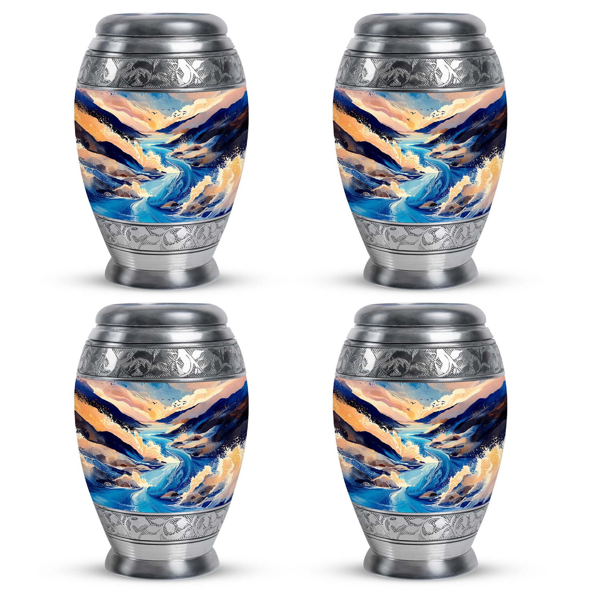 Soft Blue Blue Cremation Urn urn with complimentary velvet bag - majestic blue pattern with filigree border - 10 inch aluminum urn for cremated remains
