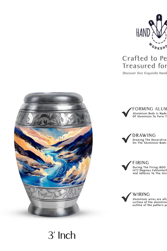 Soft Blue Blue Cremation Urn lifestyle display on memorial shelf - majestic blue pattern with filigree border - mini keepsake memorial for portion of cremation ashes