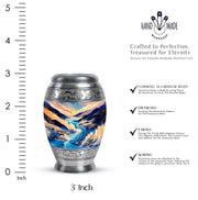 Soft Blue Blue Cremation Urn lifestyle display on memorial shelf - majestic blue pattern with filigree border - mini keepsake memorial for portion of cremation ashes