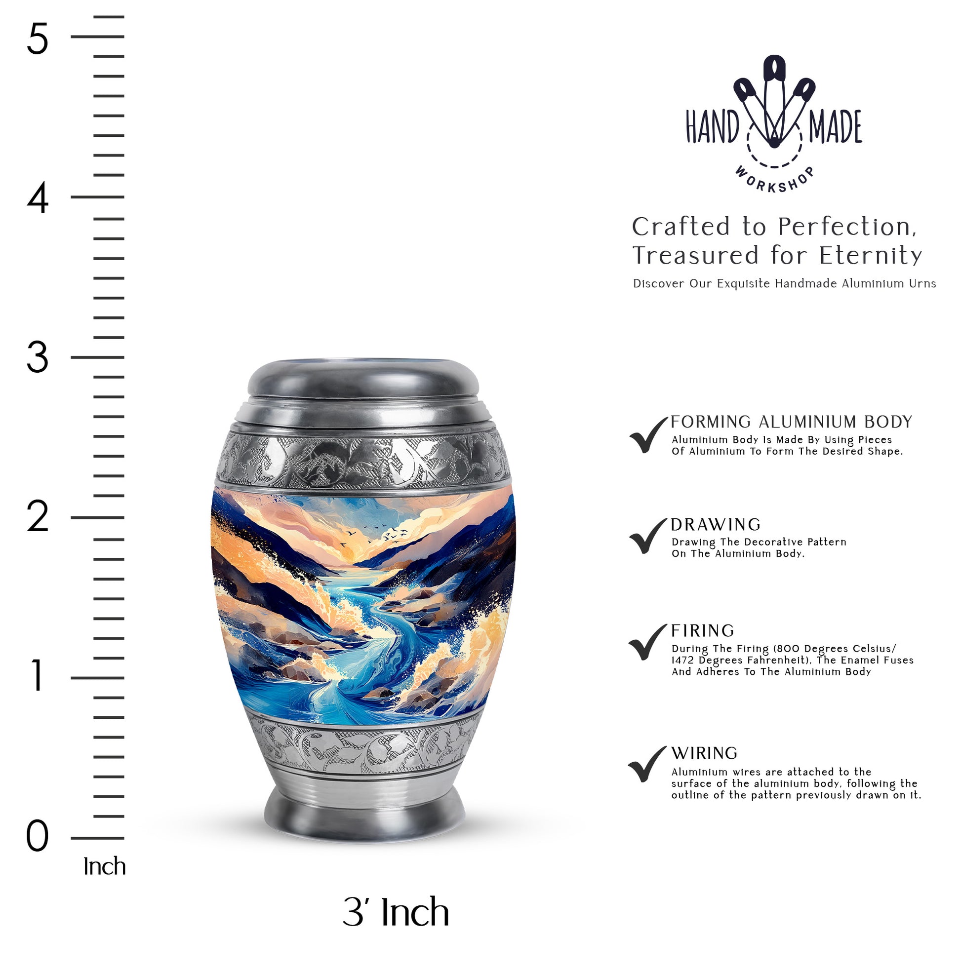 Soft Blue Blue Cremation Urn lifestyle display on memorial shelf - majestic blue pattern with filigree border - mini keepsake memorial for portion of cremation ashes