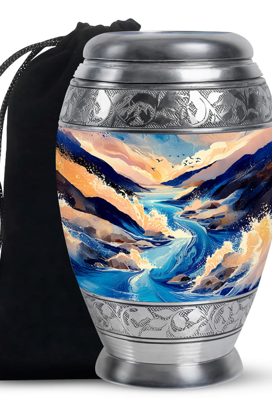 Serene Blue Blue Cremation Urn back view with polished surface - royal blue engraving with decorative scrollwork - full-size 10 inch 200 cubic inch adult cremation urn