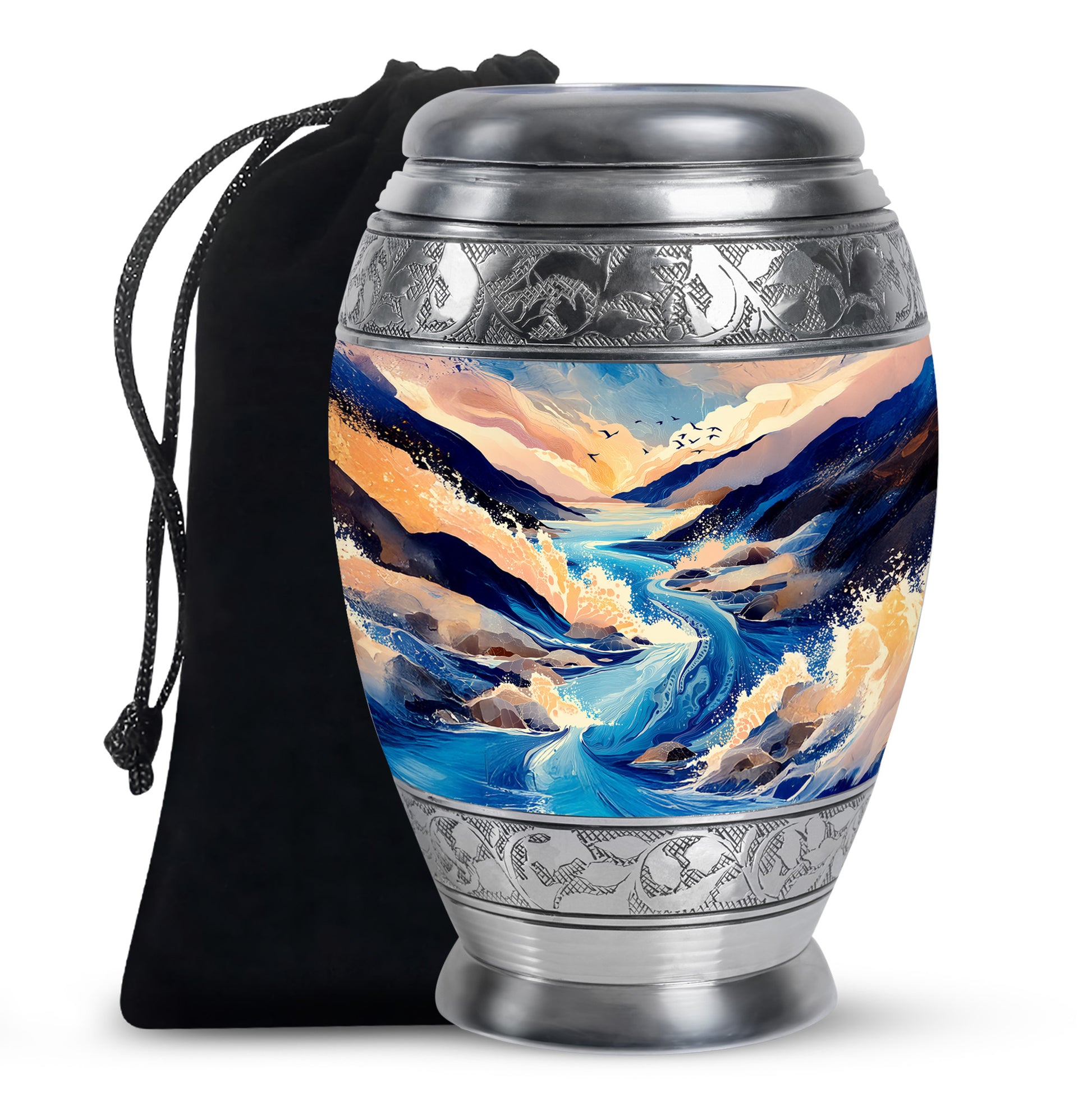 Serene Blue Blue Cremation Urn back view with polished surface - royal blue engraving with decorative scrollwork - full-size 10 inch 200 cubic inch adult cremation urn