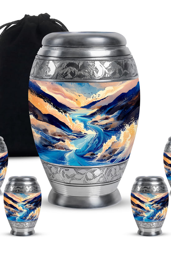 Navy Blue Blue Cremation Urn detail view - regal blue design with crown-inspired accents - memorial set with one large and four small urns