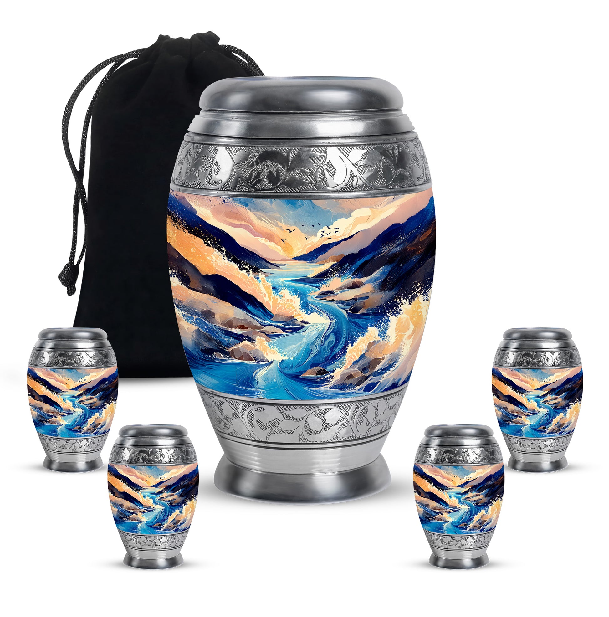 Navy Blue Blue Cremation Urn detail view - regal blue design with crown-inspired accents - memorial set with one large and four small urns