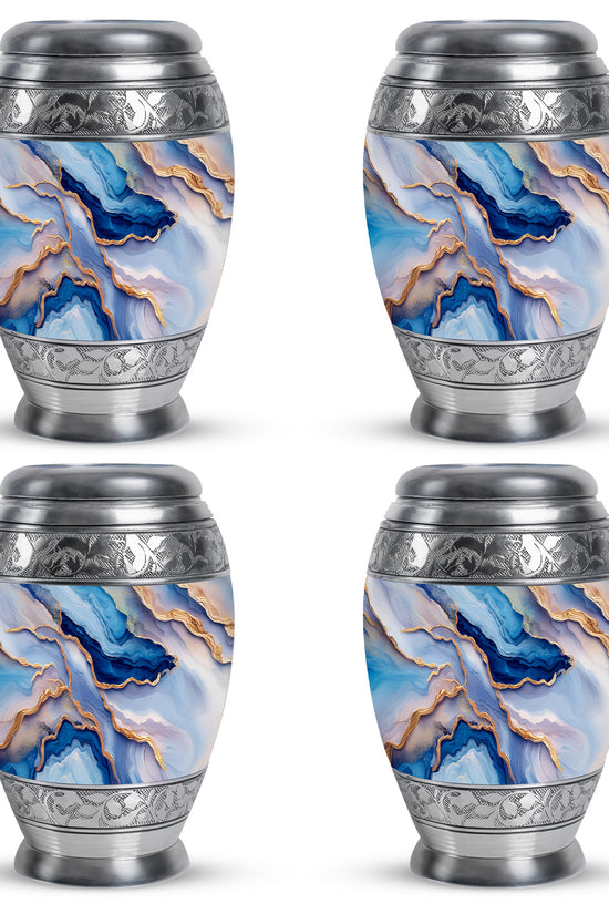 Celestial Blue Blue Cremation Urn urn with complimentary velvet bag - ornate monarch-style blue relief on brushed aluminum - 10 inch aluminum urn for cremated remains