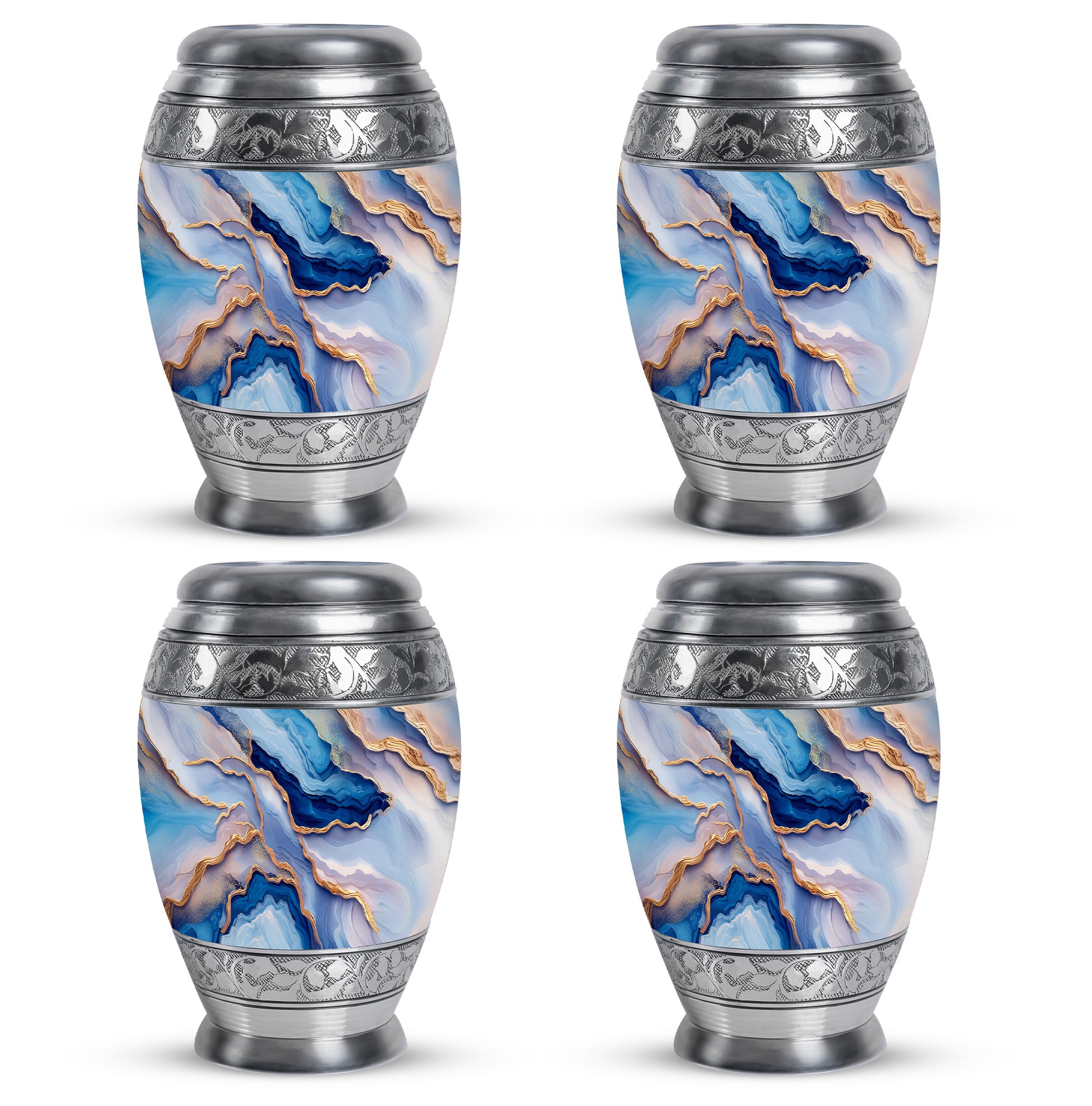 Celestial Blue Blue Cremation Urn urn with complimentary velvet bag - ornate monarch-style blue relief on brushed aluminum - 10 inch aluminum urn for cremated remains
