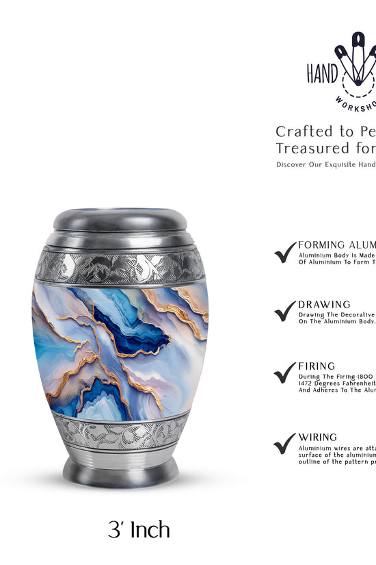 Dusty Blue Blue Cremation Urn lifestyle display on memorial shelf - ornate monarch-style blue relief on brushed aluminum - mini keepsake memorial for portion of cremation ashes
