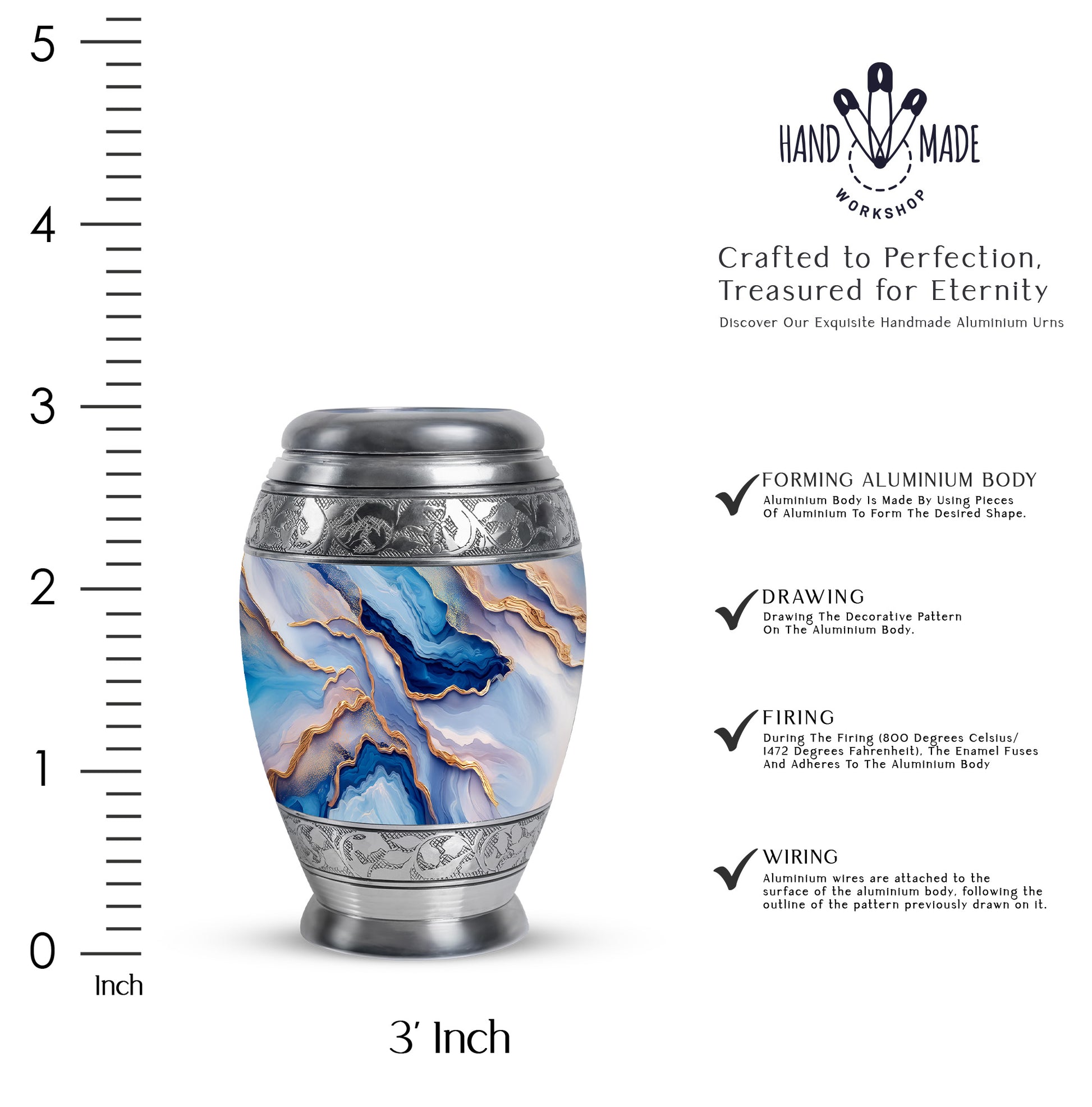 Dusty Blue Blue Cremation Urn lifestyle display on memorial shelf - ornate monarch-style blue relief on brushed aluminum - mini keepsake memorial for portion of cremation ashes