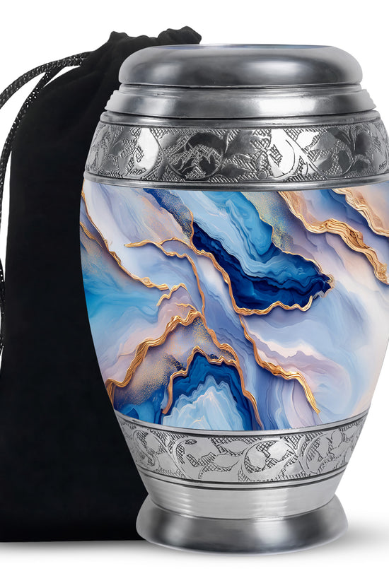 Misty Blue Blue Cremation Urn back view with polished surface - ornate monarch-style blue relief on brushed aluminum - full-size 10 inch 200 cubic inch adult cremation urn