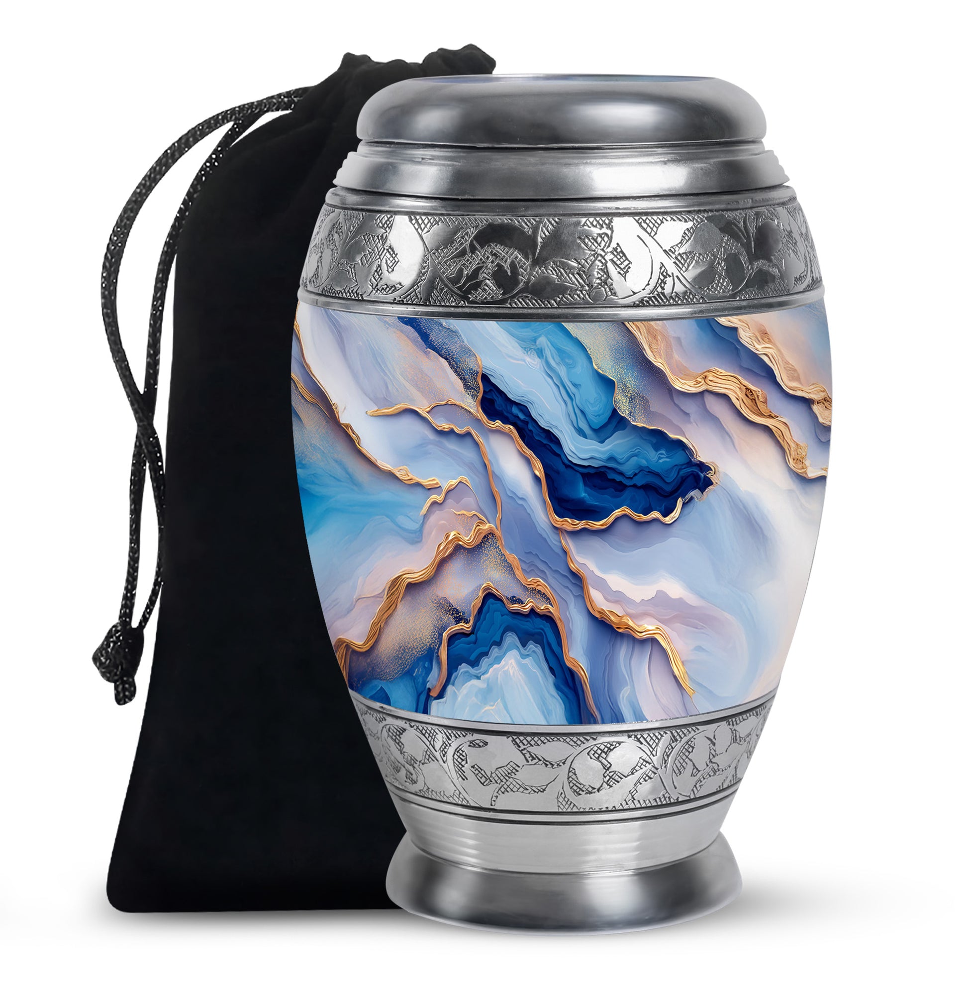 Misty Blue Blue Cremation Urn back view with polished surface - ornate monarch-style blue relief on brushed aluminum - full-size 10 inch 200 cubic inch adult cremation urn