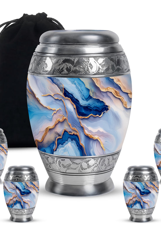 Vivid Blue Blue Cremation Urn detail view - royal blue engraving with decorative scrollwork - memorial set with one large and four small urns