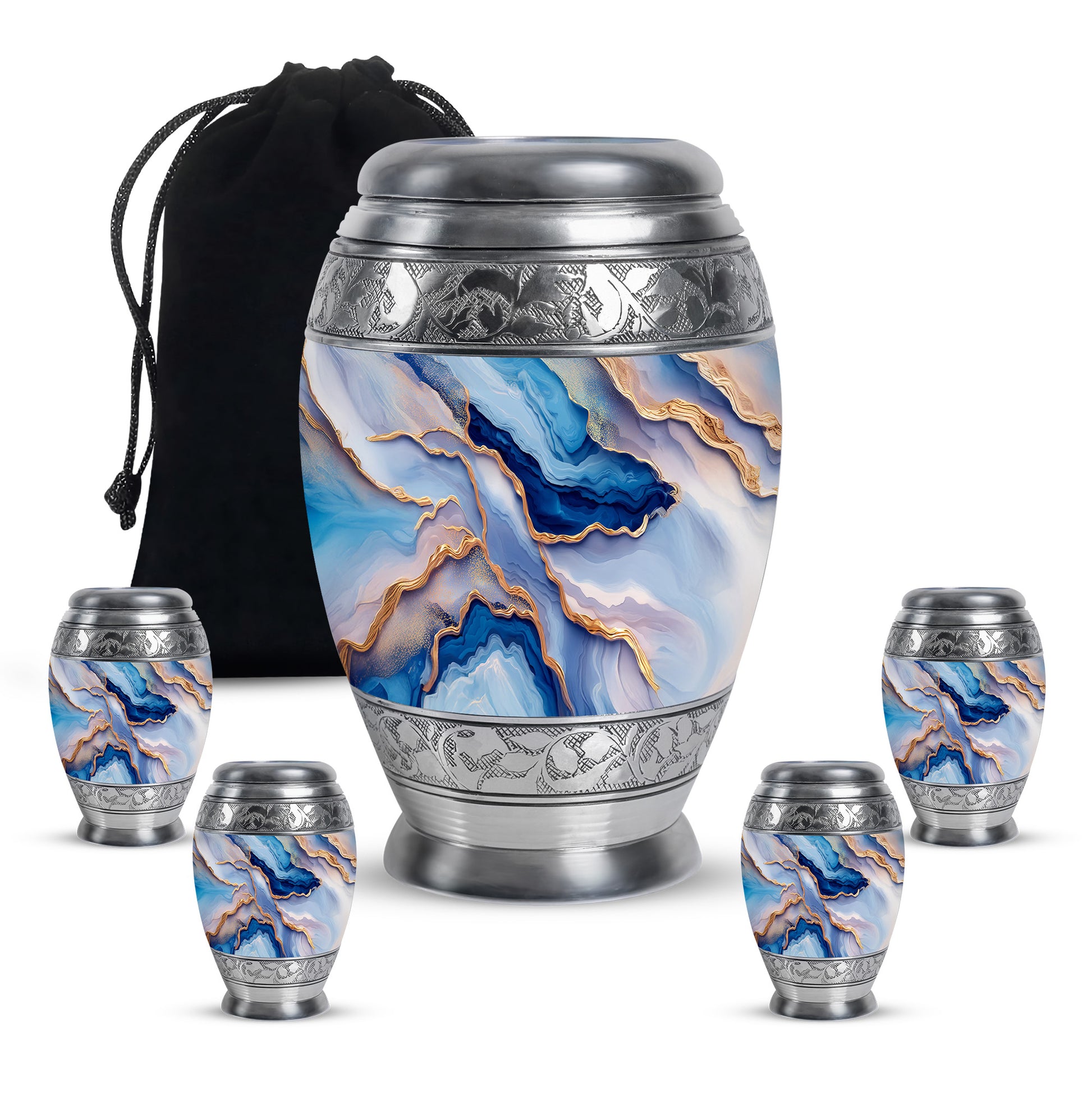 Vivid Blue Blue Cremation Urn detail view - royal blue engraving with decorative scrollwork - memorial set with one large and four small urns