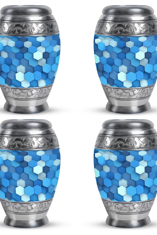Vivid Blue Blue Cremation Urn urn with complimentary velvet bag - majestic blue pattern with filigree border - 10 inch aluminum urn for cremated remains