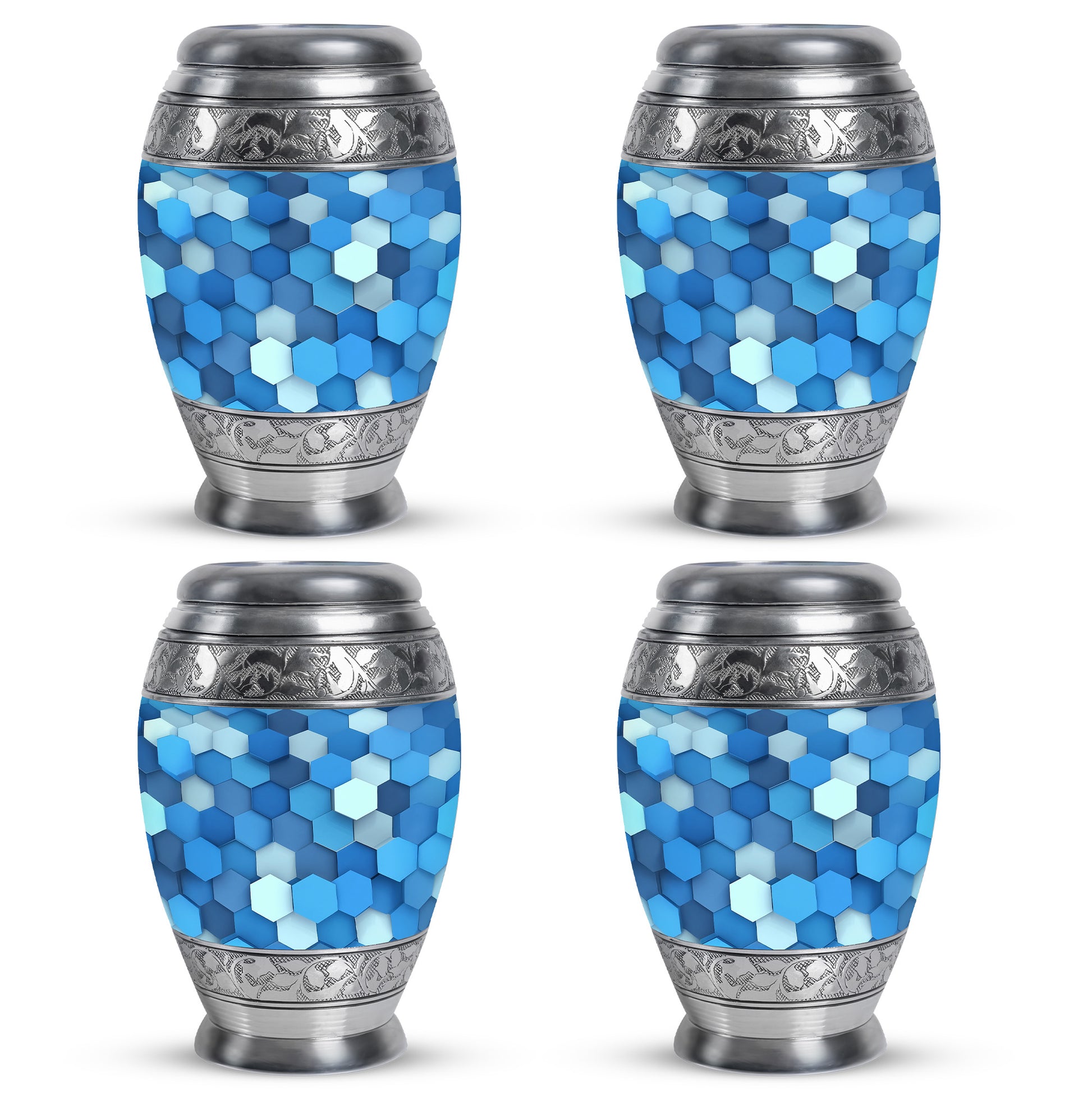 Vivid Blue Blue Cremation Urn urn with complimentary velvet bag - majestic blue pattern with filigree border - 10 inch aluminum urn for cremated remains