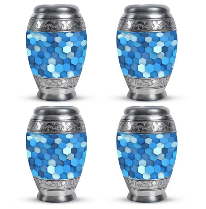 Vivid Blue Blue Cremation Urn urn with complimentary velvet bag - majestic blue pattern with filigree border - 10 inch aluminum urn for cremated remains