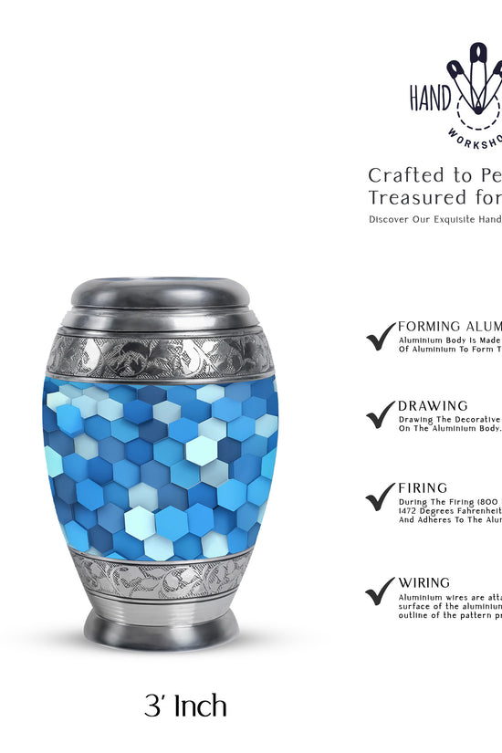 Cornflower Blue Blue Cremation Urn lifestyle display on memorial shelf - majestic blue pattern with filigree border - mini keepsake memorial for portion of cremation ashes