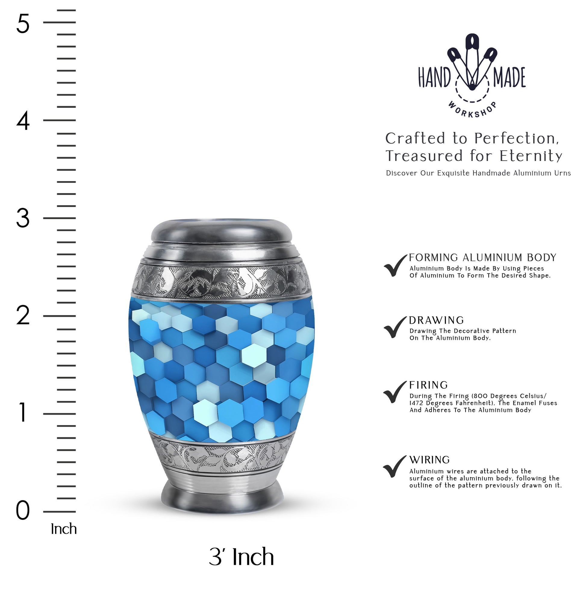 Cornflower Blue Blue Cremation Urn lifestyle display on memorial shelf - majestic blue pattern with filigree border - mini keepsake memorial for portion of cremation ashes