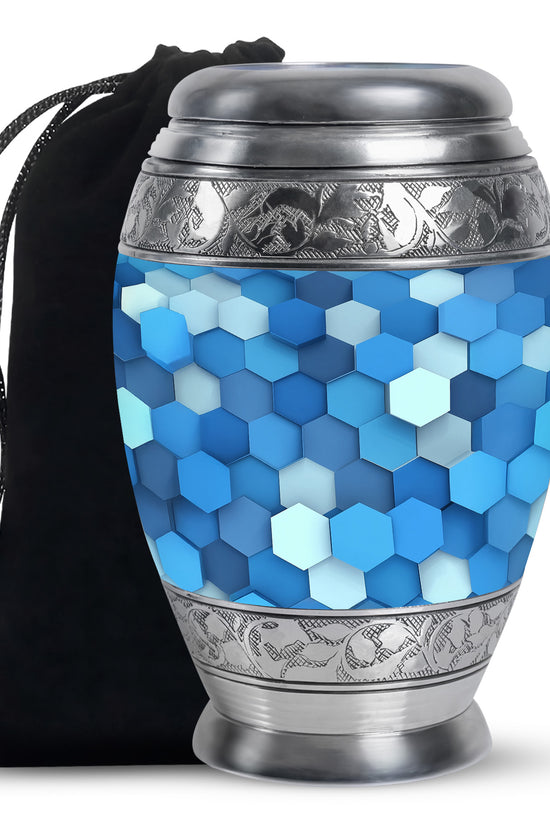 Icy Blue Blue Cremation Urn back view with polished surface - regal blue design with crown-inspired accents - full-size 10 inch 200 cubic inch adult cremation urn